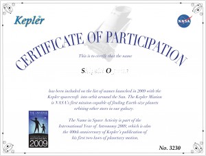 ケプラー探査機名前載せたぞぉ～の証明書